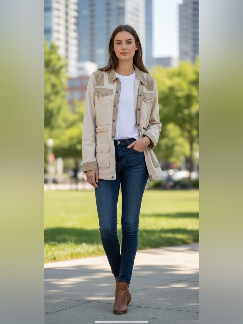 JKT NYC Utility Safari Jacket Beige Mixed Fabric Cargo Pockets